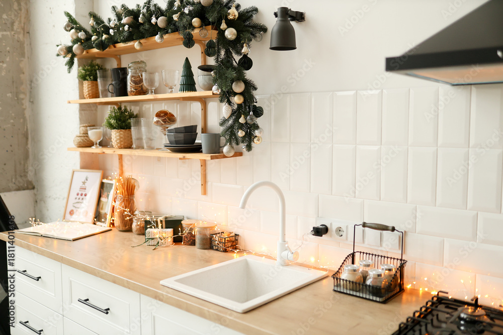 Naklejka premium Christmas white interior. Living room in loft.