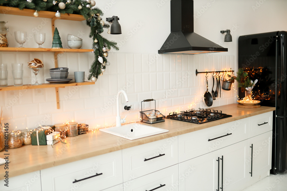 Naklejka premium Christmas white interior. Living room in loft.