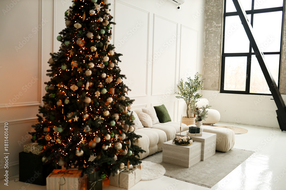 Naklejka premium Christmas white interior. Living room in loft.