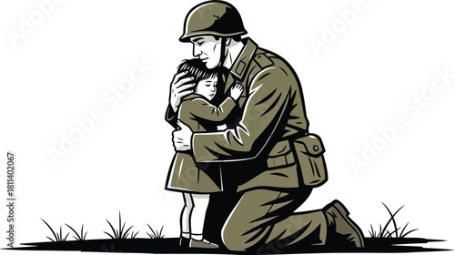 Heartwarming embrace of a soldier and child, a symbol of homecoming, sacrifice, and the enduring bonds of family after military service, fostering hope
