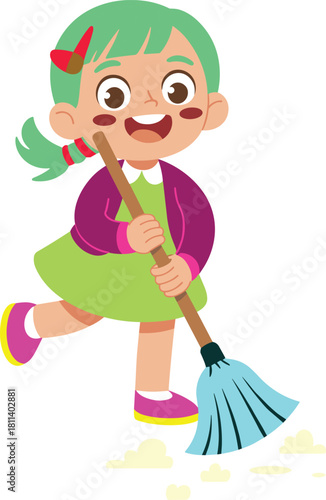 Happy little girl cleaning floor with broom, child doing household chores, learning responsibility, domestic help, cute cartoon illustration of kid sweeping