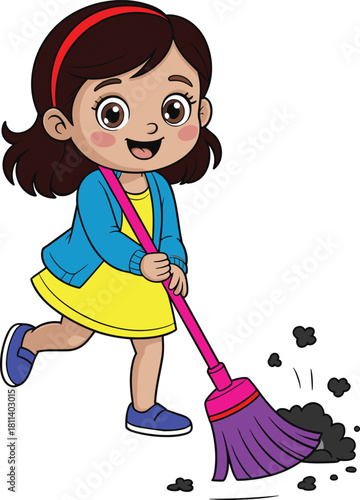 Happy little girl cleaning floor with broom, child doing household chores, learning responsibility, domestic help, cute cartoon illustration of kid sweeping