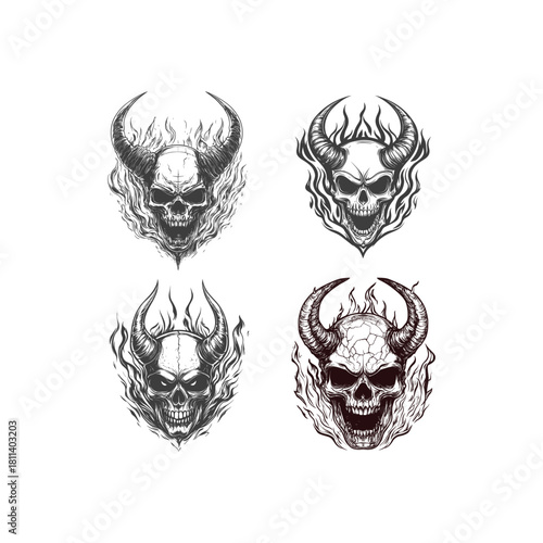 Fiery dark illustration of an aggressive horned skull engulfed in flames vector template