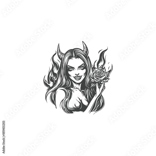 dark fantasy illustration of a female demon or succubus with curved horns and long hair. The mischievous figure holds a rose engulfed in flames