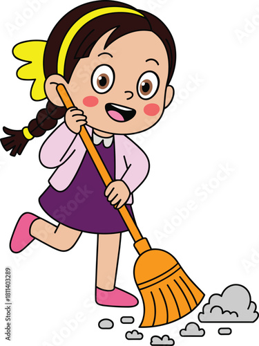 Happy little girl cleaning floor with broom, child doing household chores, learning responsibility, domestic help, cute cartoon illustration of kid sweeping
