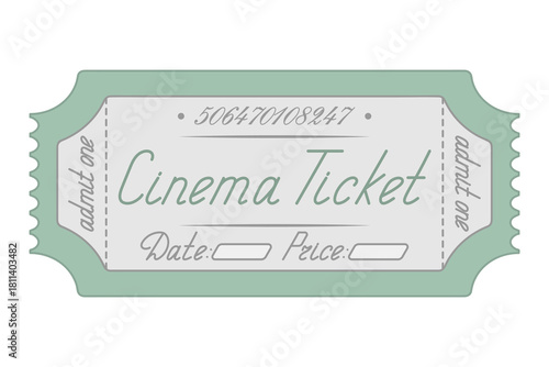 Cinema. Green ticket admit one. Date and price are indicated. Handwritten cursive lettering. Color vector illustration. Tear-off ticket with number. Isolated on white background. Flat style. 