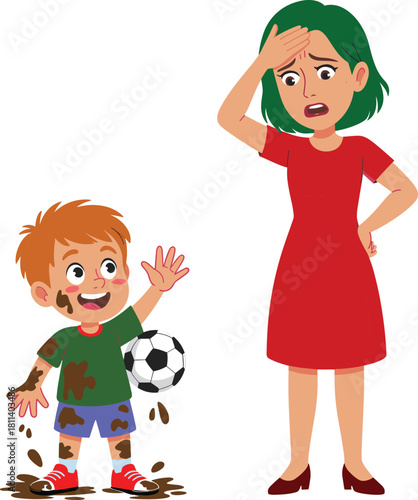 Little boy covered in mud holding soccer ball, worried mother looking at messy child, parenting challenge, funny childhood moment illustration