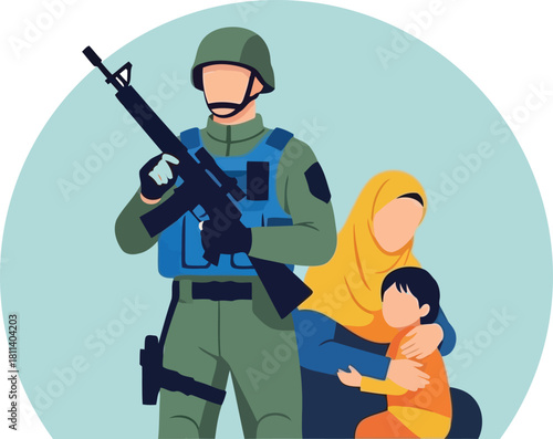 Protecting families armed forces soldiers providing security for civilians and children