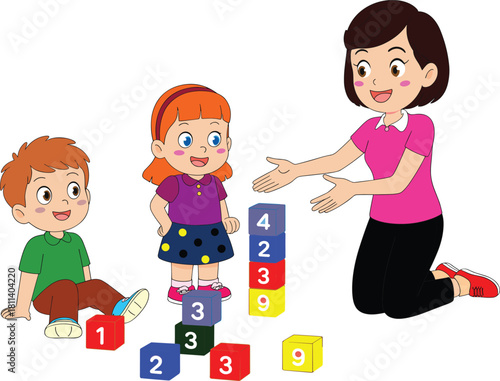 Mother teaching children stacking colorful number blocks together, preschool learning activity, early childhood education, family fun, happy kids playing, learning numbers