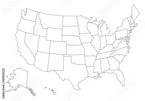 Outline Map of the United States with State Borders Including Alaska and Hawaii