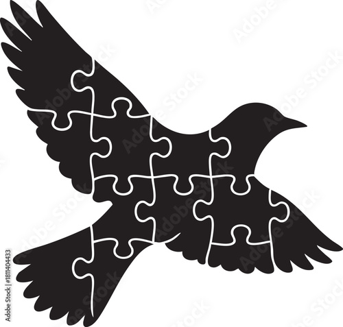 Bird made from puzzle pieces flying silhouette vector