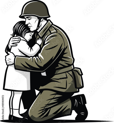Emotional Reunion Soldier Hugging Child Vector Illustration Isolated on Black