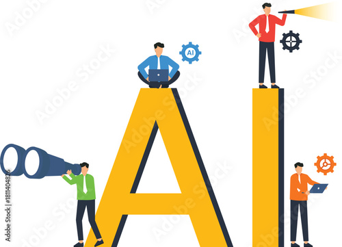 Artificial Intelligence business technology with team developing future vision and innovation strategy. Data analysis, machine learning, automation process, corporate development, market research.