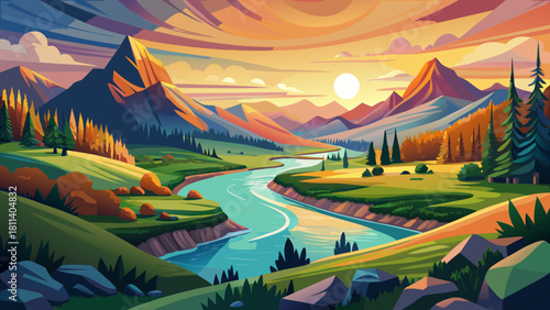 Very beautiful breathtaking view of the Knife River region featuring lush rolling landscapes, a gently winding river glowing at sunset, and serene natural scenery honoring the area’s rich cultural her