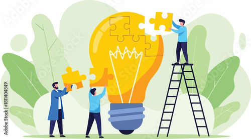 Teamwork completing light bulb puzzle illustration creative collaboration and achieving goals together