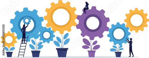 Teamwork innovation metaphor with cogwheel gears and plants promoting business growth concept