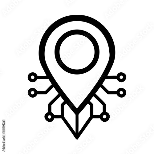 Outlined location pin icon with circuit board elements indicating tech or digital positioning system services