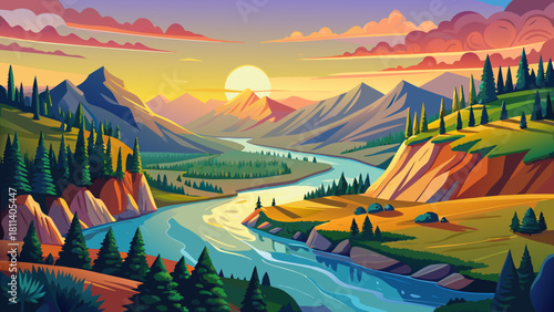 Very beautiful breathtaking view of the Knife River region featuring lush rolling landscapes, a gently winding river glowing at sunset, and serene natural scenery honoring the area’s rich cultural her