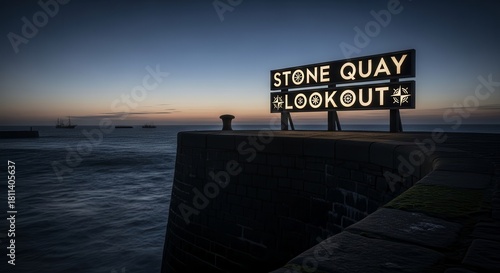 Coastal Illuminated Sign During Twilight, Illuminating the Stone Quay Lookout Across the Sea