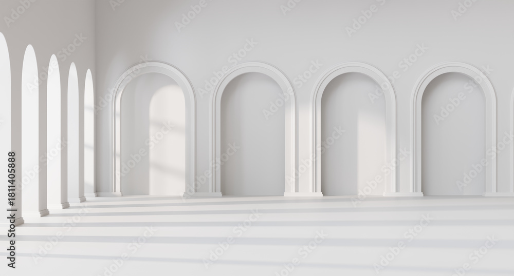 Fototapeta premium White wall corridor empty space background with window light for architecture showing space 3d rendering