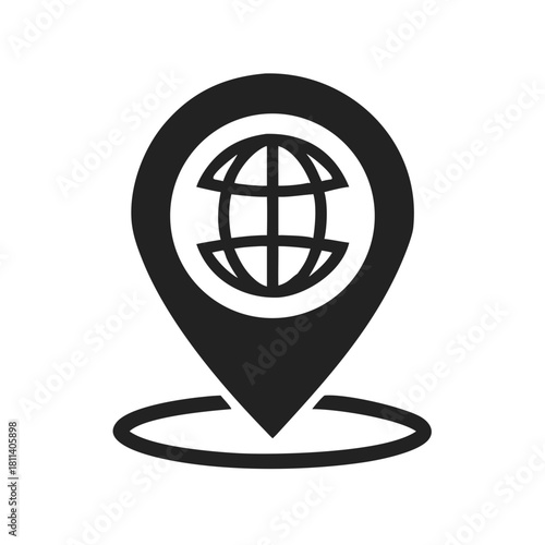 Black location pin with a globe inside indicating global positioning and worldwide connectivity concepts