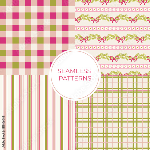 Set of bright colorful christmas seamless patterns with stripes and checks for wrapping paper, cards, banners and invitations