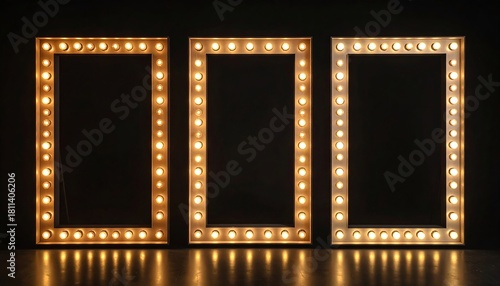 Warm glowing theater mirror frames highlight vintage glamour, stage ambiance, and classic dressing room style against a dramatic black background.