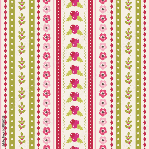 Floral christmas holly berries and flowers stripes seamless pattern digital paper background for cards, posters, textiles. Girly pattern