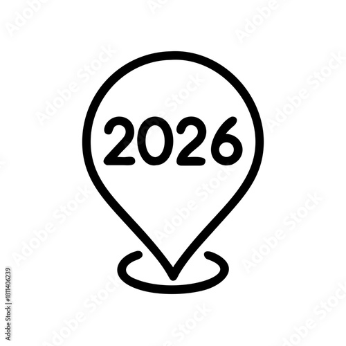 A simple black location pin icon containing the year 2026 in a clean and minimalist style design