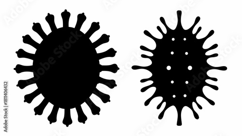 Two stylized black virus shapes with spiky projections on a white background illustration design