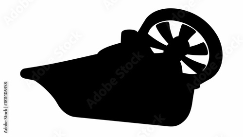 Silhouette of a hovercraft with a visible propeller at the back in a simple black and white design