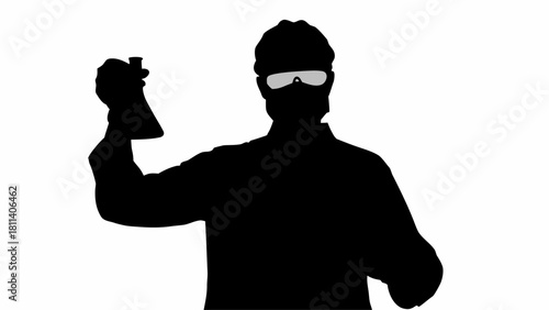 Silhouette of scientist in lab coat and goggles holding a flask in a laboratory setting image