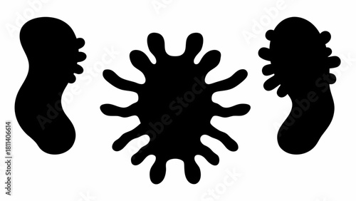 Silhouette of three abstract shapes with rounded edges and protrusions in black and white design
