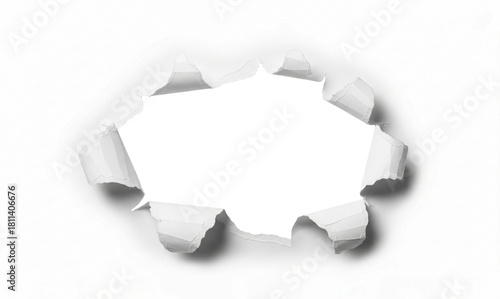 Realistic torn paper hole with ripped edges and transparent center isolated on white background