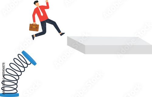Businessman jumping from spring career leap business growth ambitious man corporate challenge taking risk reaching goal opportunity concept professional success financial boost