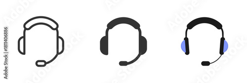 Headphones icons set. Symbolizing audio, music, listening and sound. The headphones are ideal for multimedia interfaces, music applications, audio equipment, podcasting. Line, glyph and flat style