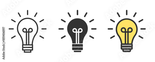 Lightbulb icon set. Idea and creativity symbol. Electric lamp, light, innovation. Сreative thinking, electricity. Line, glyph and flat style. Vector illustration