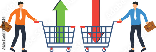 Businessmen with shopping carts up down arrows representing market trends, economic growth, financial decisions, investment strategy, buying selling.