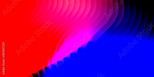 Neon ribbed fractal glass 3d background. Holographic vertical stripe pattern with vibrant purple blue yellow gradient. Abstract black bg, iridescent texture lines in radiant colors. 3D illustration
