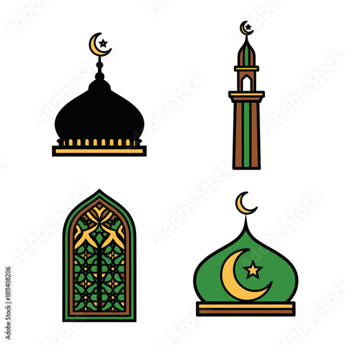Array of Islamic architectural structures including domes minarets and stained