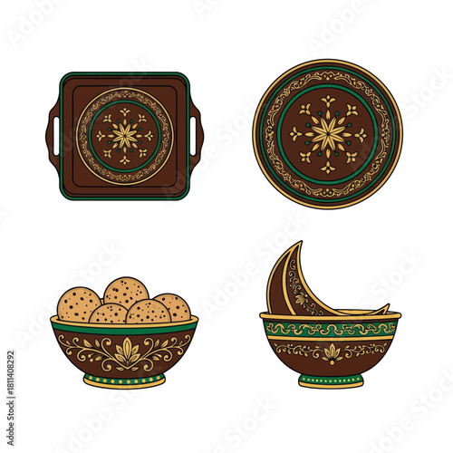 Decorative traditional ceramic bowls and plates with intricate floral patterns