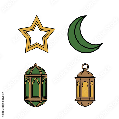 Decorative lanterns and celestial symbols featuring stars and a crescent moon