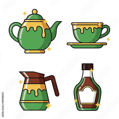 Elegant set of green and yellow tea accessories with glossy finish and