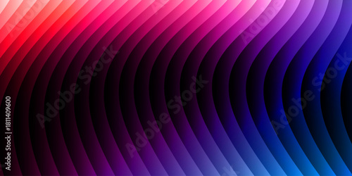 Neon ribbed fractal glass 3d background. Holographic vertical stripe pattern with vibrant purple blue yellow gradient. Abstract black bg, iridescent texture lines in radiant colors. 3D illustration