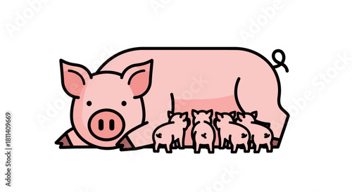 Cartoon Pig and Piglets Family Farm Animal Illustration