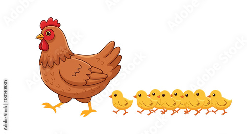 Mother Hen Leads Her Cheerful Chicks Family Farm Life