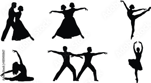 Dance silhouettes, black figures, ballet pose, expressive movement, couple dancing, solo dancer, vector art, elegant motion, white background, performance style
