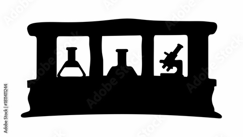 Silhouette of science lab equipment including beakers and a microscope on a lab table display