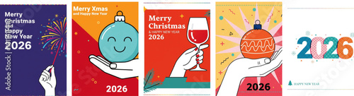2026 Merry Christmas and Happy New Year Greeting Cards Set: Festive Vector Illustration Concepts for Holiday Backgrounds, Party Invitations, Website Banners and Social Media Marketing Materials