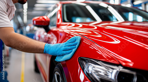 Wallpaper Mural A man wearing blue gloves carefully polishes and treats the shiny red surface of a car with a microfiber cloth in a bright, professional auto repair shop. Torontodigital.ca